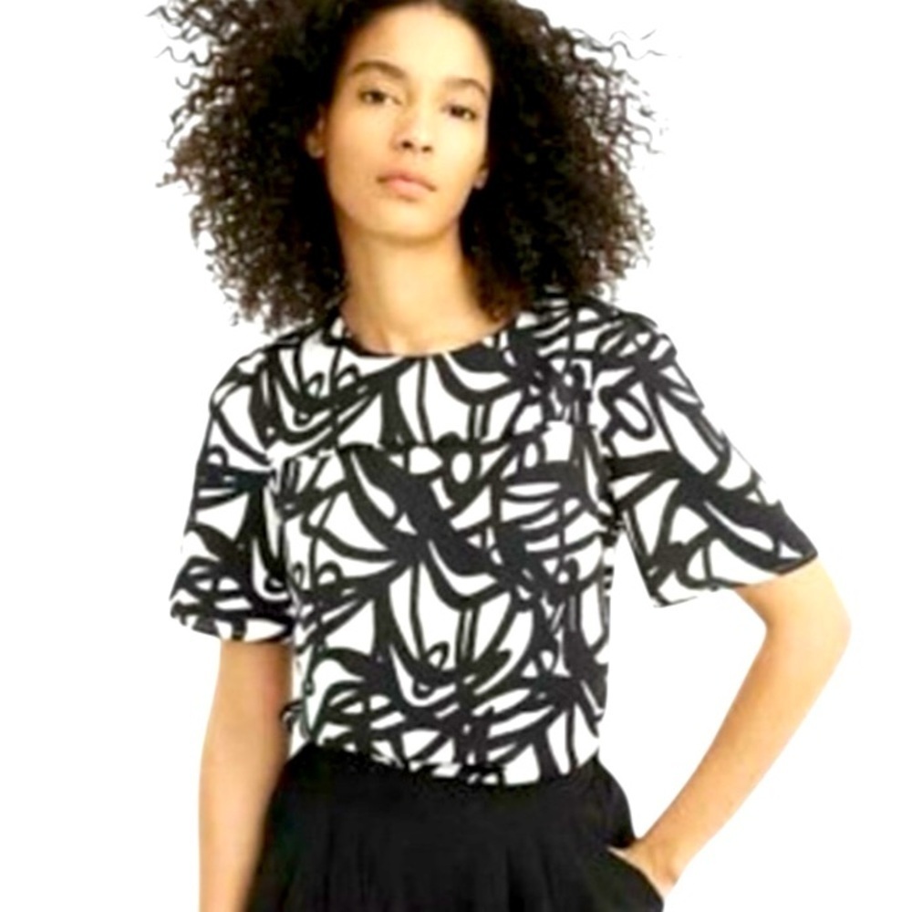 NWT J. Crew Cream & Black Geometric Print Short Sleeve Blouse Size 6 Round Neck